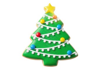 Decorated christmas tree gingerbread cookie with colorful ornaments and star topper isolated on white background