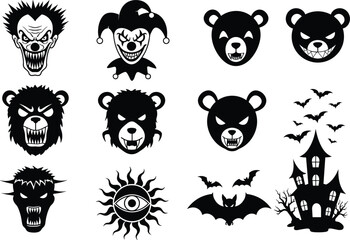 Halloween spooky icon set vector, black and white horror illustrations including clown, bear, bats, haunted house, demon, jester, sunHalloween spooky 