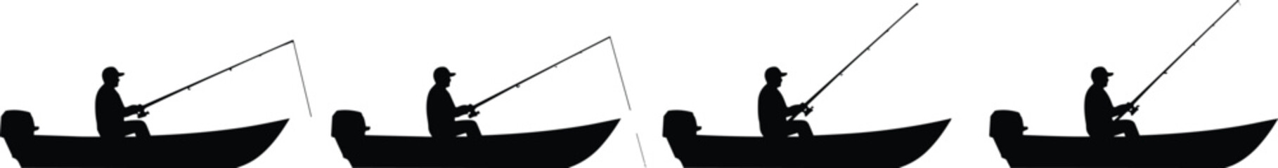 Fishing silhouette, motorboat activity, black vector art, casting pose, reeling motion, outdoor recreation, angler sequence, lake sport, peaceful scene