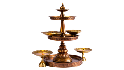 Elegant brass diya stand PNG with multiple tiers of traditional oil lamps on transparent background, perfect for festive designs, décor, and cultural artwork.
