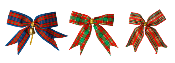 Collection of christmas bows with colorful red green and blue ribbons isolated on transparent background. Xmas ornaments and decoration. 