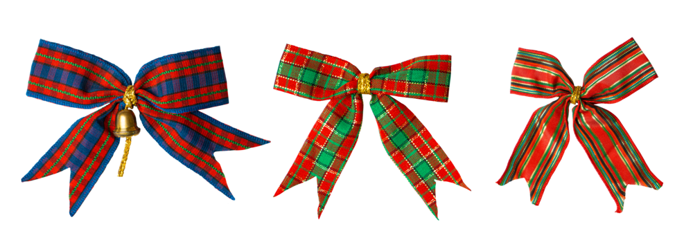 Collection of christmas bows with colorful red green and blue ribbons isolated on transparent background. Xmas ornaments and decoration. 