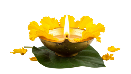 Traditional Indian diya with a glowing flame and a fresh yellow flower, isolated on transparent background. Ideal for Diwali, pooja, and cultural festive designs. 