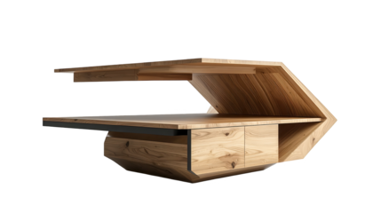 A modern, geometric wooden coffee table featuring a unique angled design, showcases warm, natural wood tones, with a black background, highlighting the furniture's contemporary style and minimalist...