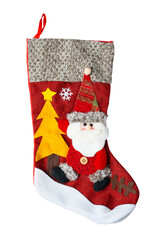 Handmade fabric christmas stocking with santa claus and pine tree application on transparent background. 
