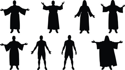 Human silhouette set, black vector art, robe and athletic attire, gesture contrast, character design, costume comparison, body posture