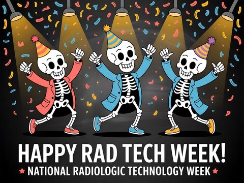 Three cheerful skeleton characters celebrate national radiologic technology week with confetti and party hats