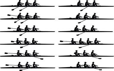 Rowing team silhouette vector set, black and white sport illustration showing boat formations, oar positions, crew styles, competitive water activity