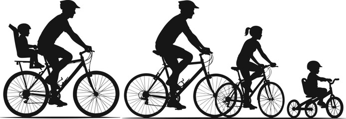 Silhouette family cycling with child on tricycle, outdoor activity, black vector illustration, healthy lifestyle, teamwork, parent-child bonding, road biking