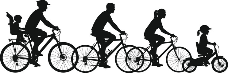 Obraz premium Silhouette family cycling together on road, parents and children riding bicycles, outdoor activity, healthy lifestyle, teamwork, black vector illustration