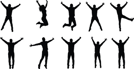 Jumping silhouette, expressive human pose, black vector art, energetic movement, male and female figures, joy, motion study, dynamic leap