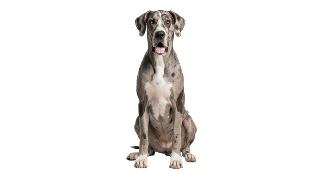 Isolated Great Dane sitting and looking at camera with its mouth open, friendly look