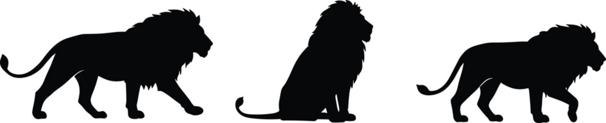 Lion silhouette set, black vector art, walking and sitting pose, majestic animal, wildlife illustration, big cat, safari theme © Mim's World