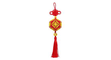 Isolated Chinese knot, red tassel ornament, golden accents, traditional, festive decoration