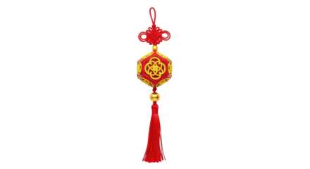 Isolated Chinese knot, red tassel ornament, golden accents, traditional, festive decoration