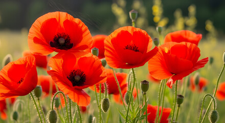 Obraz premium Close-up of Bright Red Poppies in a Field with Soft Green and Yellow Bokeh Background red flowers