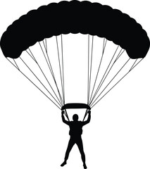 Parachuting silhouette, black vector art, skydiver with deployed canopy, airborne descent, suspension lines, gravity, adventure sport, motion control