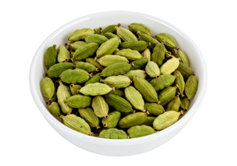 A bowl filled with fresh green cardamom pods ready for cooking and flavoring dishes in the kitchen on transparent background