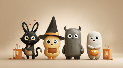 Obraz premium Cute Halloween characters with lanterns, evoking a cozy and kawaii vibe for the fall holiday.