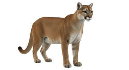 Isolated cougar posing in studio standing on its four paws, facing forward and looking left
