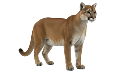 Fototapeten Puma Isolated cougar posing in studio standing on its four paws, facing forward and looking left  © Anna