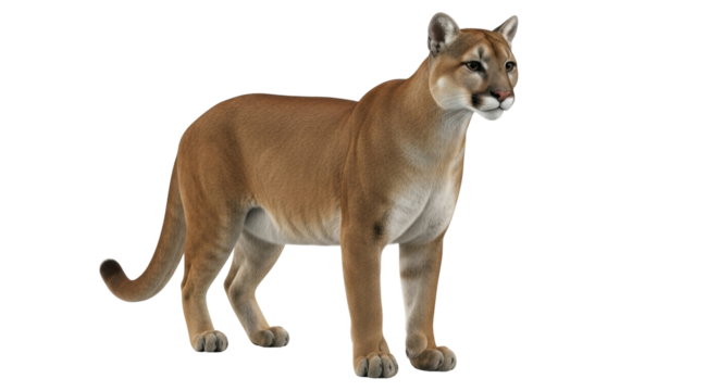 Isolated cougar posing in studio standing on its four paws, facing forward and looking left