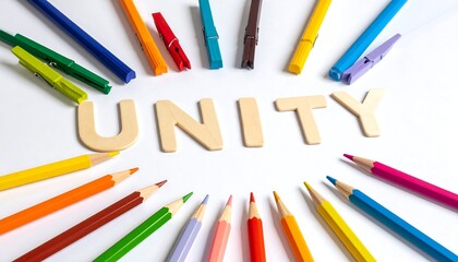 Unity concept with colorful pencils and wooden letters on white