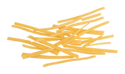 cheese cut into strips isolated on white background, top view