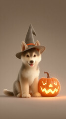A cute dog wearing a witch hat and beside a Halloween pumpkin