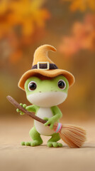A whimsical frog dressed in a witch hat with a broom, against a backdrop of autumn leaves. It embodies the spirit of Halloween and nature's beauty