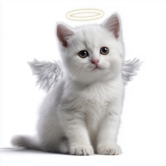 Obraz premium An adorable kitten with angel wings and a halo, exuding innocence and charm. The kitten is white in color and has big eyes and the perfect addition to any project or design