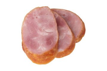 pieces of smoked sausage isolated on white background, top view, slices of cold smoked meat for any design