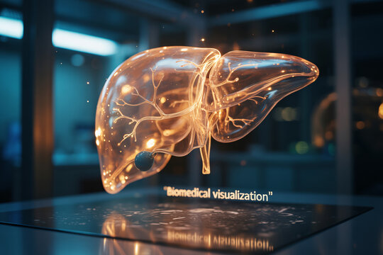 Stunning holographic liver model glows, showcasing advanced biomedical visualization technology for cutting-edge medical research and pharmaceutical innovation