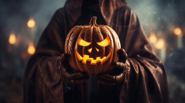 A glowing pumpkin with a terrible face in the hands of a witch, close-up. Halloween concept