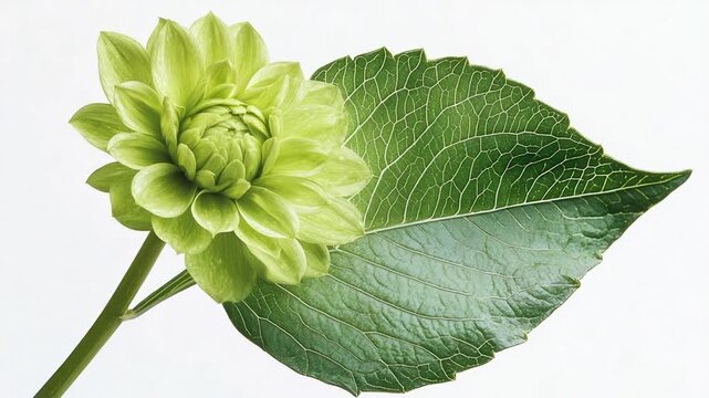 A solo green bloom sits atop a stem against a clean white background