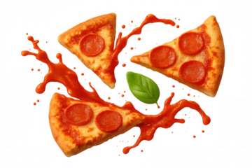 Pepperoni pizza slices floating with tomato sauce splashes and basil leaf, preparing an appetizing meal