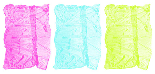 Torn Transparent Plastic Cellophane Overlay Set In Pink Blue And Yellow On Isolated PNG Background