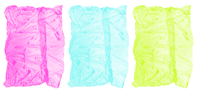 Torn Transparent Plastic Cellophane Overlay Set In Pink Blue And Yellow On Isolated PNG Background