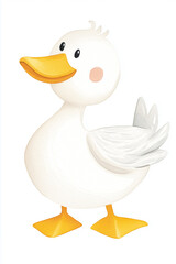 A cute duck stands with bright eyes and a playful expression
