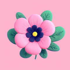 A vibrant illustration of a pink flower with green leaves, blossoming against a pink background. The flower has a dark blue center with a yellow dot, and the leaves have a natural texture.