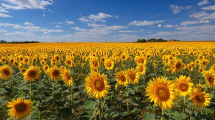 Fototapeta premium A vibrant field of sunflowers stretches towards the horizon under a bright blue sky filled with fluffy clouds. These sunflowers are in full bloom