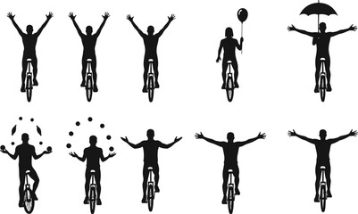 Unicyclist silhouette sequence, people performing tricks, circus balance vector, juggling pose illustration, creative motion graphic, street performance, vector art