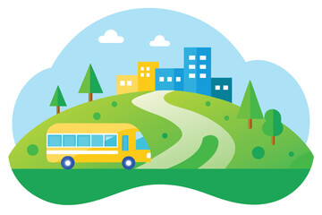 Cartoon School Bus Illustration with Cityscape and Trees on Winding Road