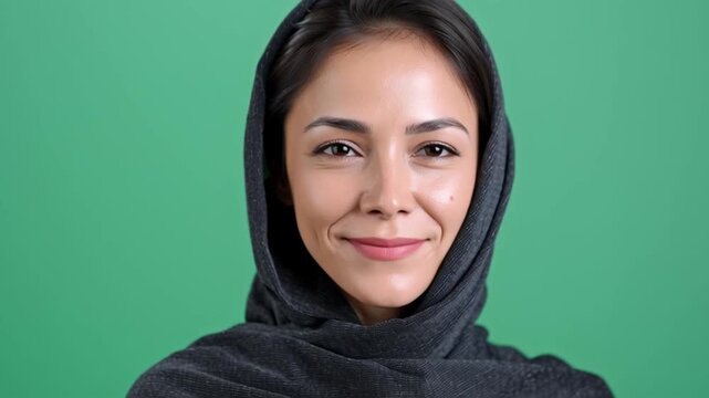 Intriguing Portrait: A poised woman, enveloped in a graceful head covering, exudes tranquility and contemplation against a backdrop of serene green hues.