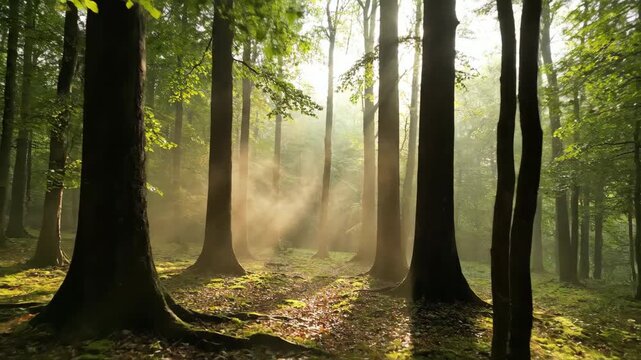 Ethereal Mist Drifting through a Tranquil Morning Forest with Soft Diffused Light ethereal mist, peaceful, soft diffused light