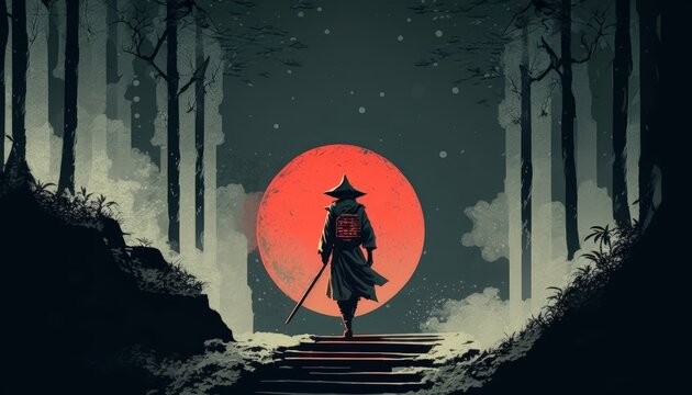 A samurai is standing on a stairway in a forest at night, with a red moon in the background