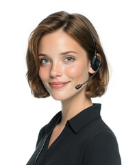 Portrait of a friendly female technical support operator wearing headphones with a microphone on a white background