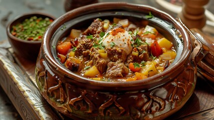 Close up of a hearty beef stew in a brown ceramic pot with herbs and a dollop of cream on top