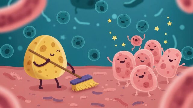 A sponge-like cartoon character sweeps a vibrant world of joyful, celebrating cells