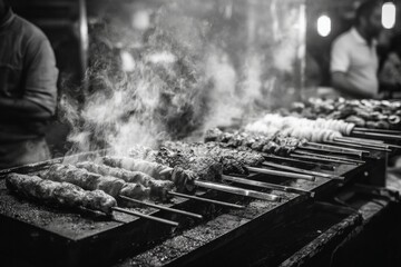 Savory meat skewers cooking over hot coals with rising steam in a bustling night market scene